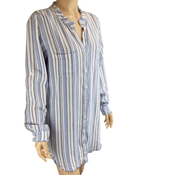 Cloth & Stone Anthropologie Dress Tunic Size Medium Striped Frayed Linen Blend - Picture 3 of 10